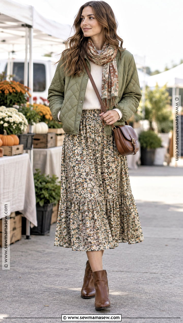 Quilted Jacket And Midi Skirt Autumn Outfit - 20 Feminine Autumn Outfits