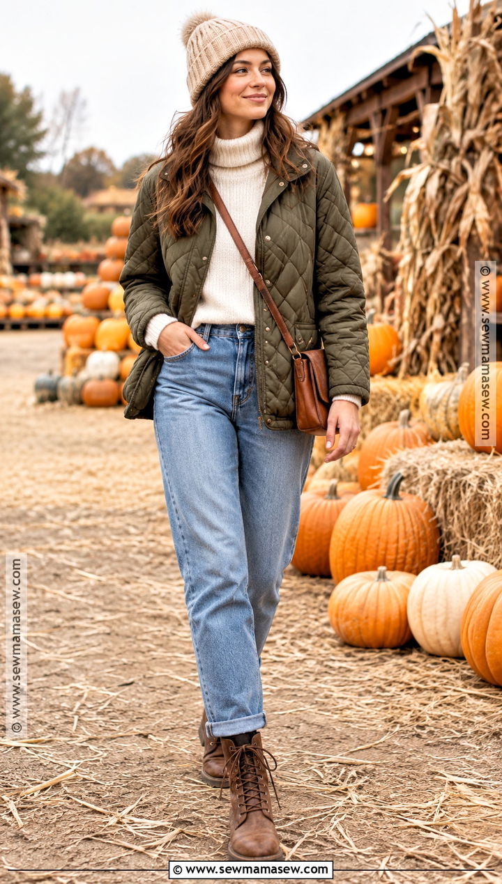 Quilted Jacket And Mom Jeans Pumpkin Patch Outfit - 20 Pumpkin Patch Outfit Women Fall Ideas