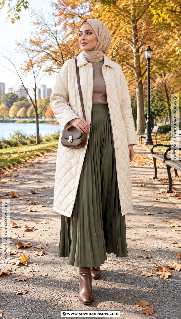 Quilted Jacket And Pleated Maxi Skirt Hijabi Outfit - 20 Fall Hijabi Outfits Aesthetic