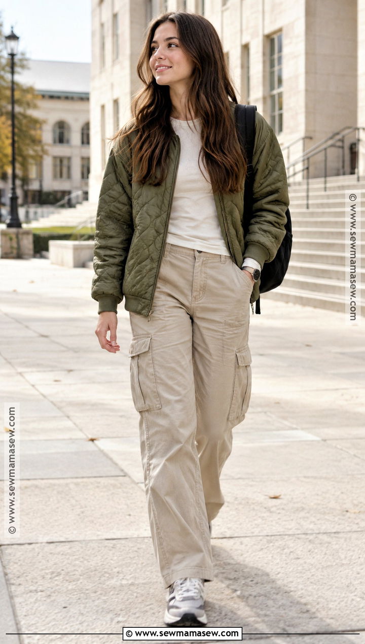 Quilted Jacket And Relaxed Cargo Pants Back To School Fit - 15 calm back to school fits
