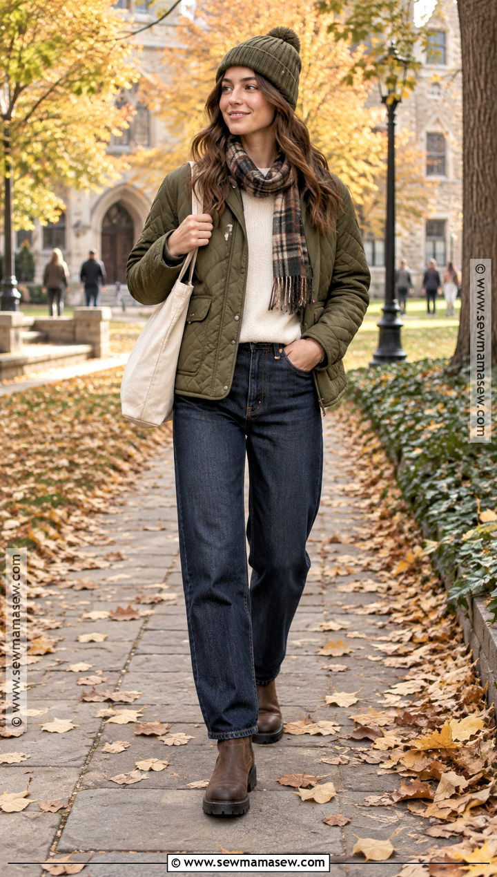 Quilted Jacket And Relaxed Jeans College Outfit - 25 autumn college outfits