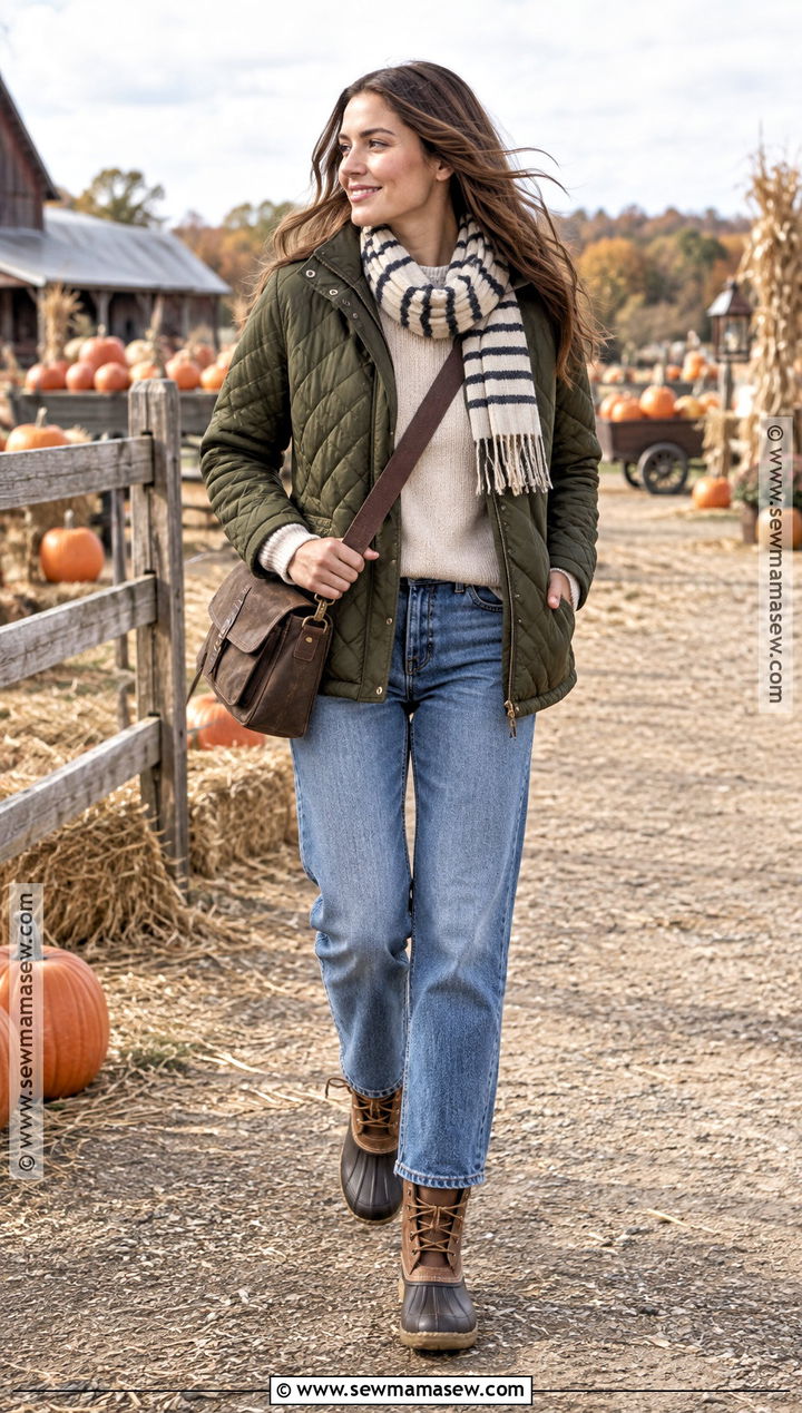 Quilted Jacket And Relaxed Jeans Outfit - 25 cute pumpkin patch outfits