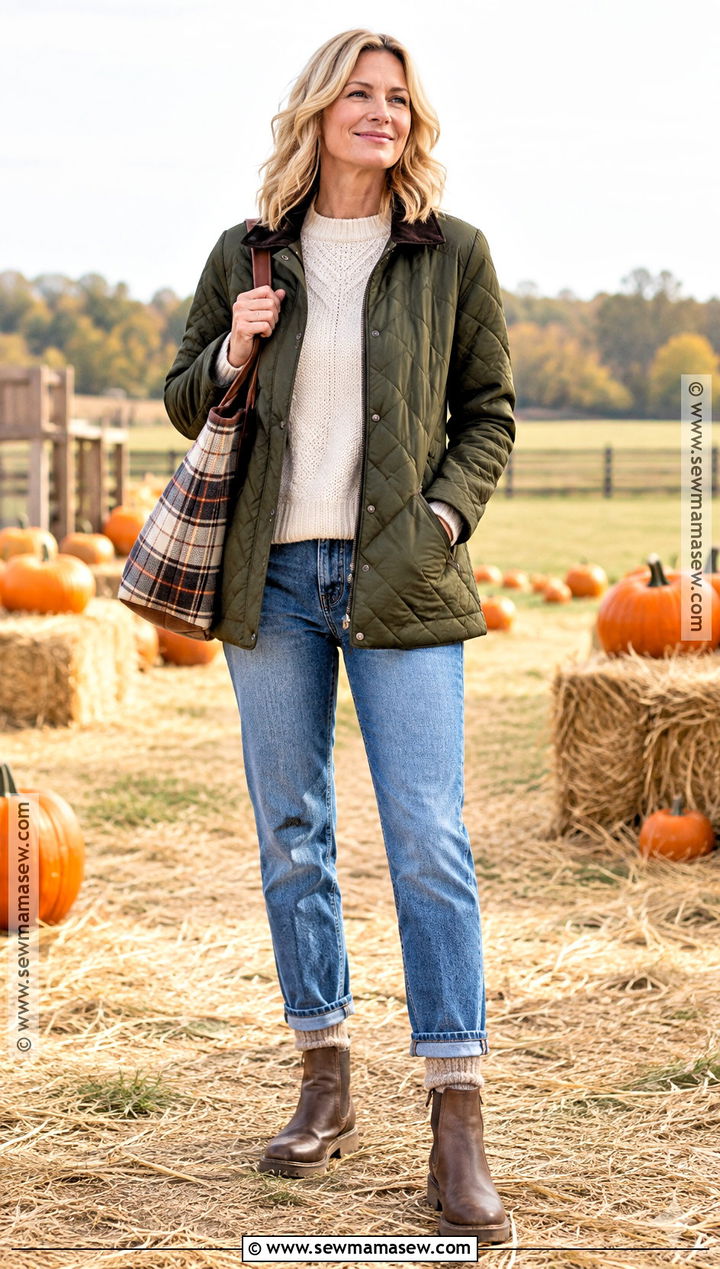 Quilted Jacket And Straight Jeans Pumpkin Patch Outfit - 20 warm pumpkin patch outfit ideas