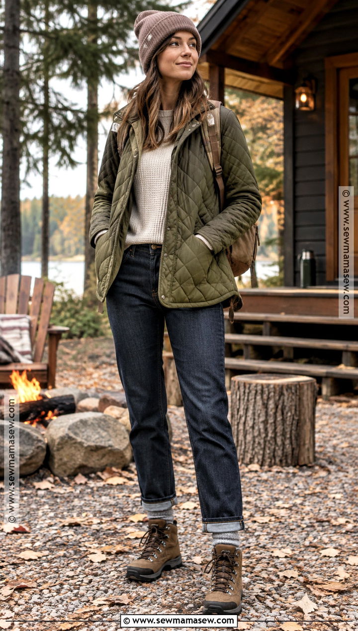 Quilted Jacket And Straight Leg Jeans Fall Camping Outfit - 25 fall camping outfits