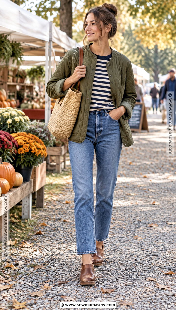Quilted Jacket And Straight Leg Jeans Fall Outfit - 25 fall autumn outfits