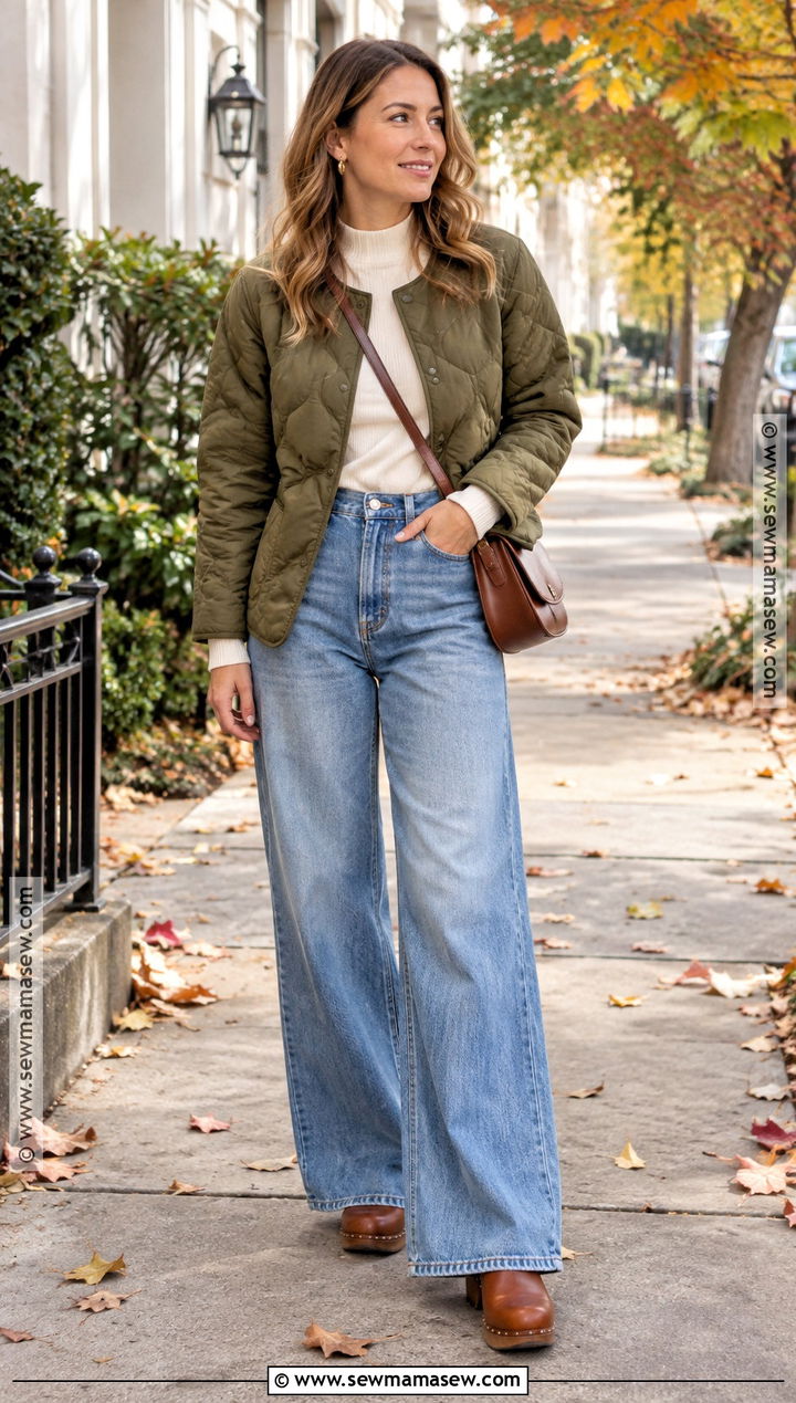 Quilted Jacket And Wide Leg Jeans Fall Outfit - 25 cozy fall fits