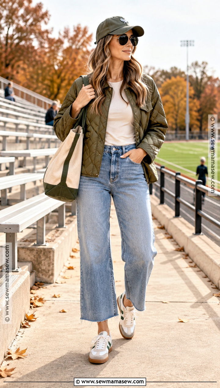 Quilted Jacket And Wide Leg Jeans Fall Sports Mom Outfit - 15 sports mom fall outfit ideas