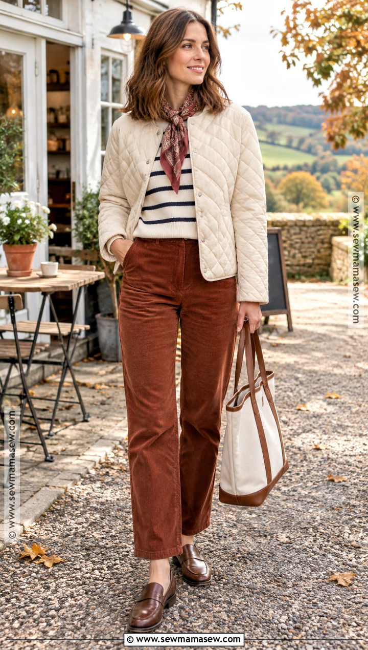 Quilted Jacket Autumn Outfit With Corduroy Pants - 25 autumn and winter outfits