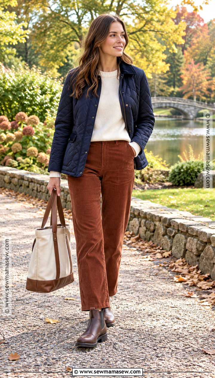 Quilted Jacket Autumn Outfit With Corduroy Pants - 20 autumn clothes for women