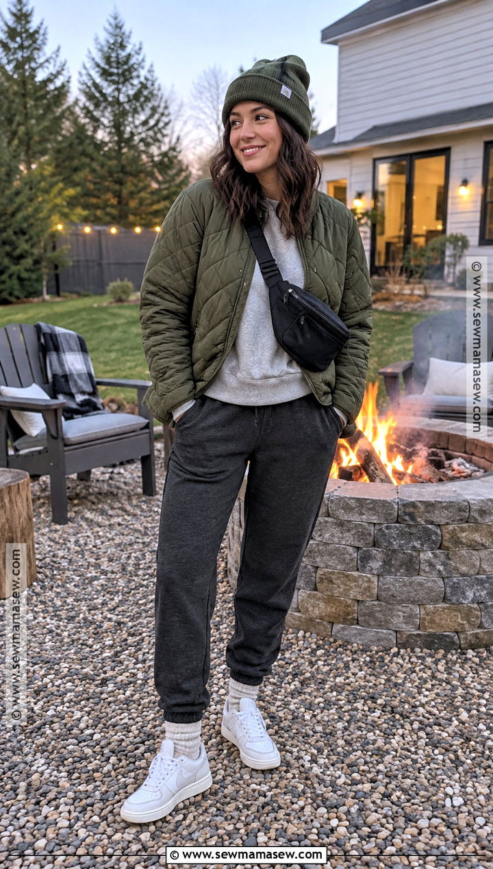 Quilted Jacket Bonfire Outfit With Joggers - 20 bonfire outfit fall night ideas