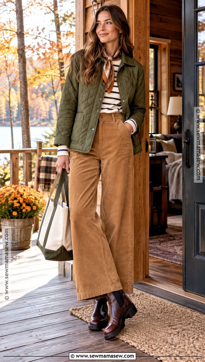 Quilted Jacket Cabin Outfit With Corduroy Pants - 15 cute cabin outfits fall
