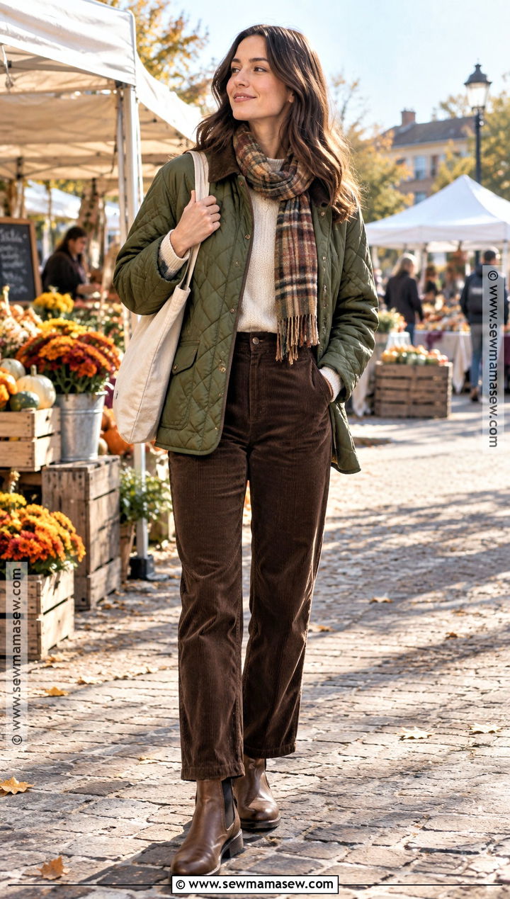 Quilted Jacket Fall Outfit With Corduroy Pants - 25 cosy fall outfits