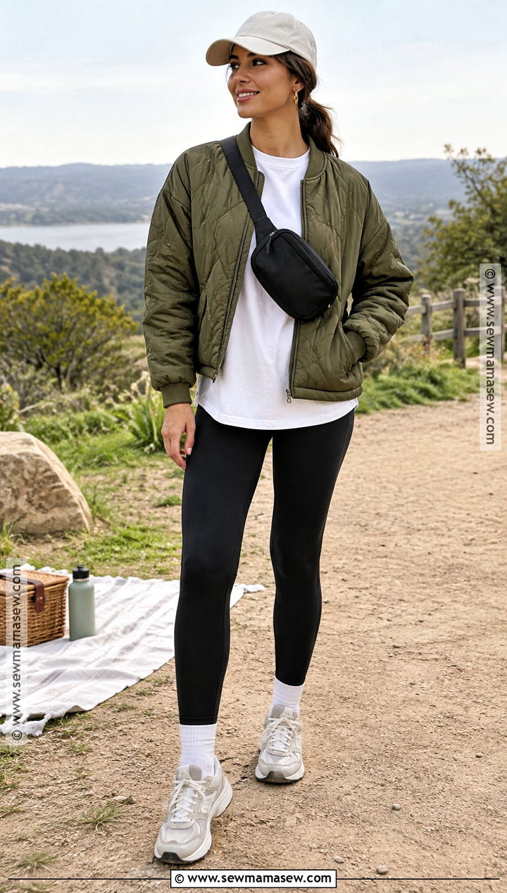 Quilted Jacket Fall Picnic Outfit With Leggings And Sneakers - 20 picnic outfit fall ideas