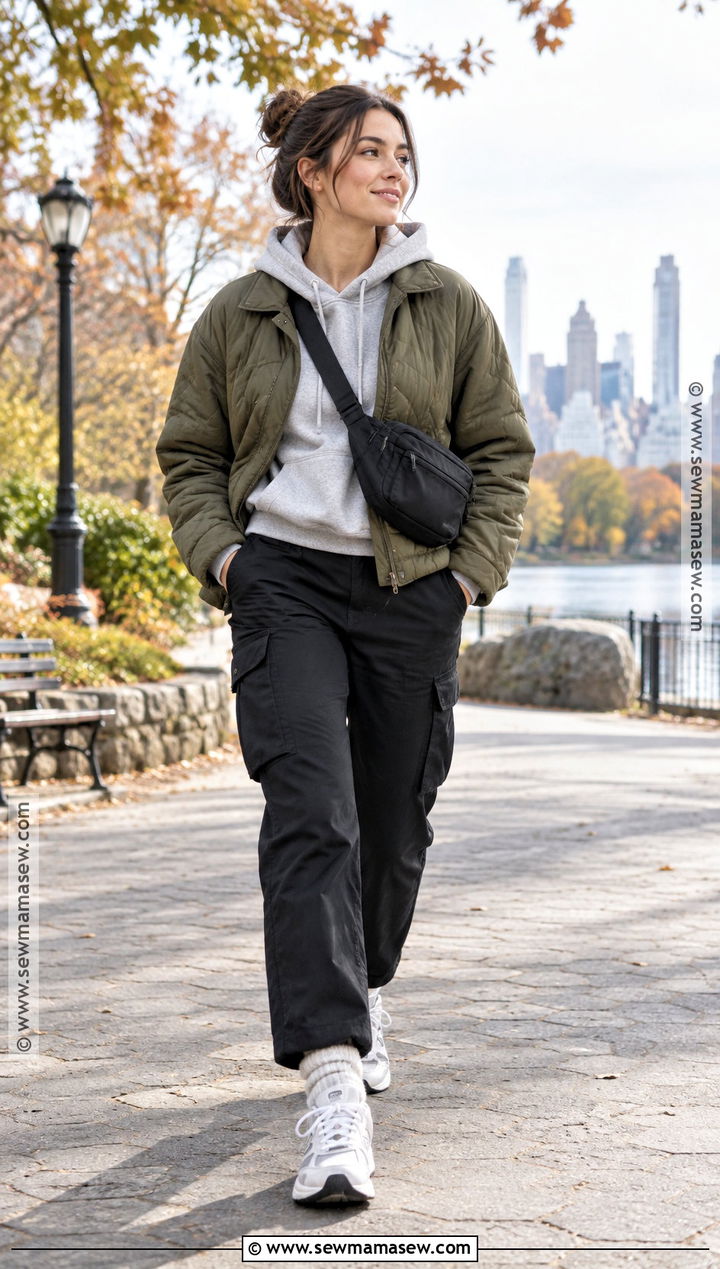 Quilted Jacket Hoodie Cargo Pants and Sneakers - 20 cold fall day outfit ideas