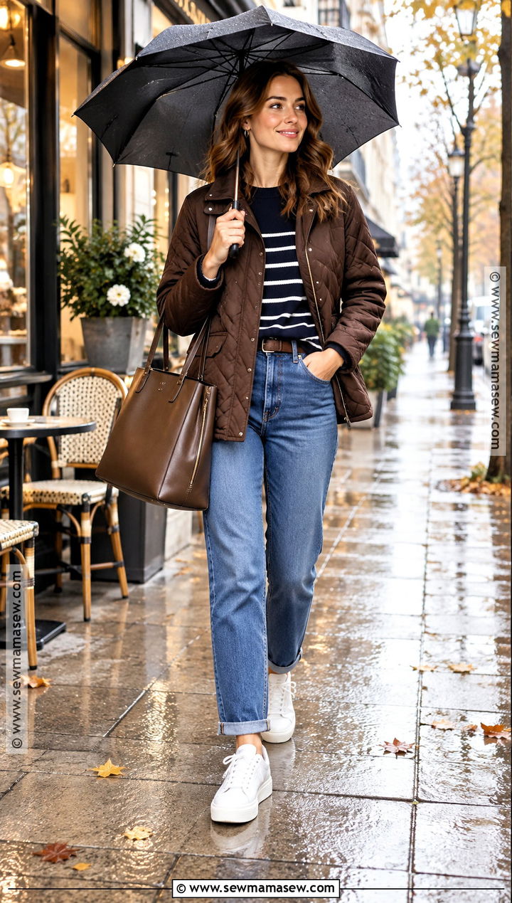 Quilted Jacket Jeans And Waterproof Sneakers Outfit - 25 autumn rainy day outfit ideas