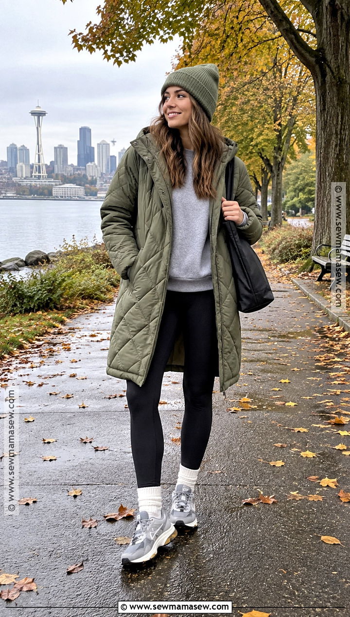 Quilted Jacket Leggings And Waterproof Sneakers Seattle Fall Outfit - 20 Fall Seattle Outfits