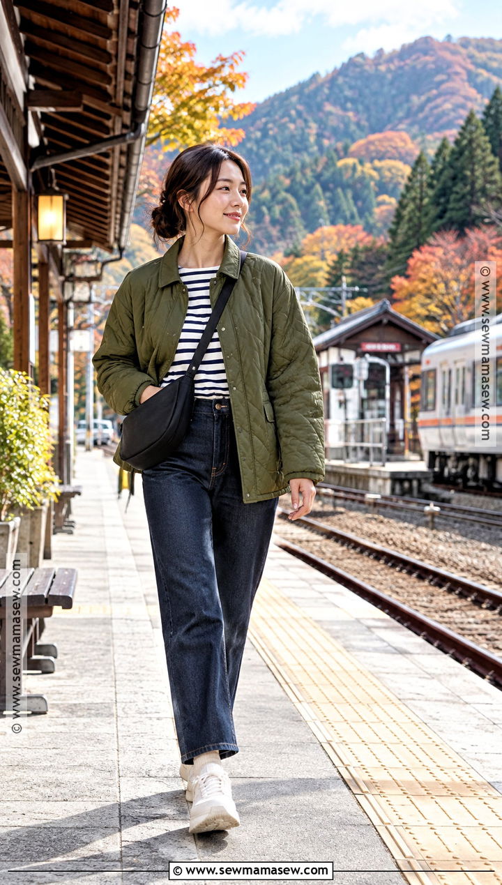 Quilted Jacket Striped Top Jeans And Sneakers - 20 Japan Outfit Fall Season Ideas