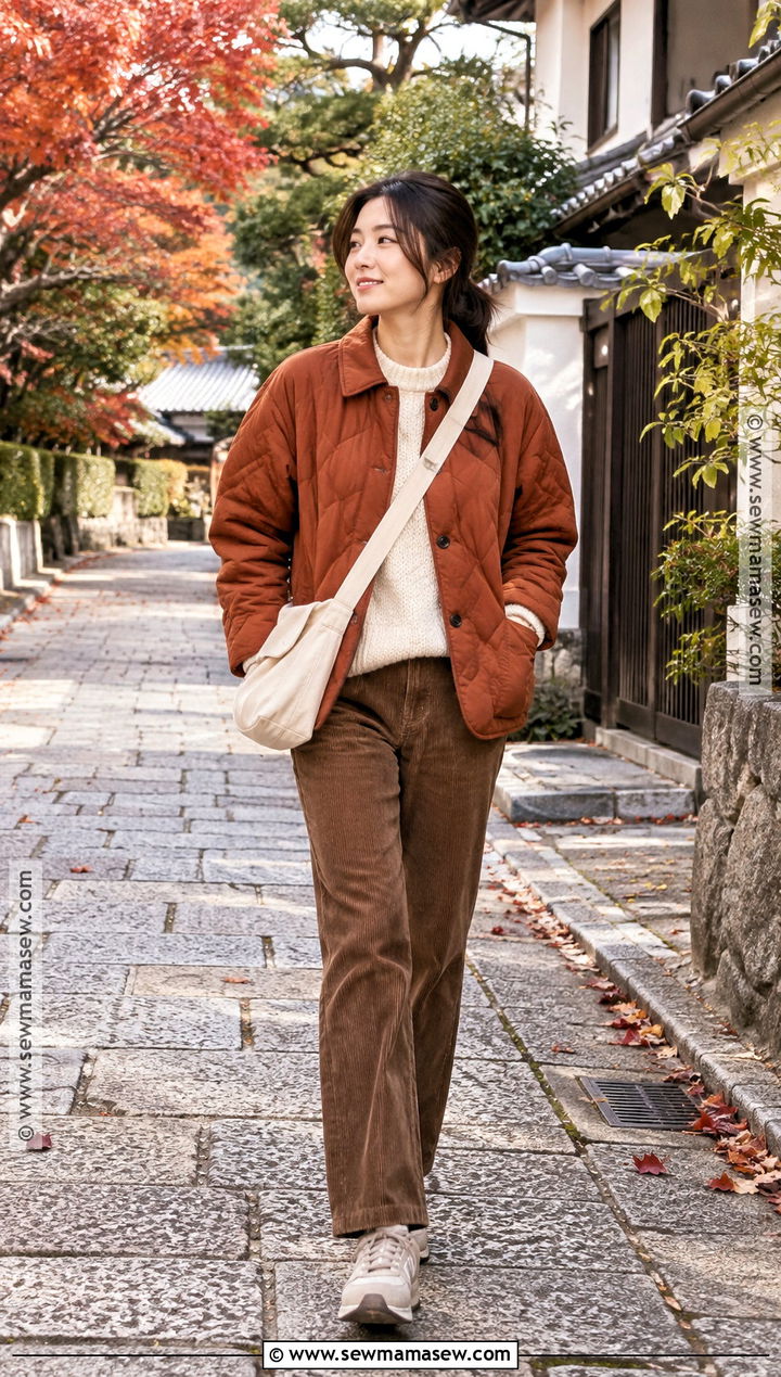 Quilted Jacket Sweater And Corduroy Pants Japan Autumn Outfit - 20 japan travel outfit autumn ideas