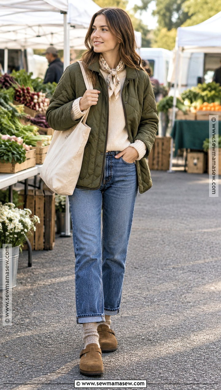 Quilted Jacket Sweater Jeans and Clogs Fall Outfit - 25 simple fall outfits casual