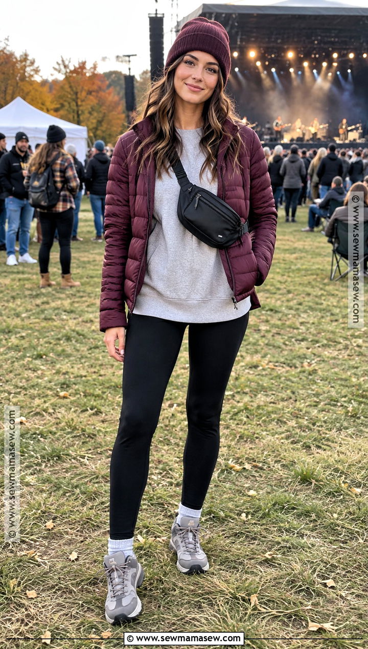 Quilted Jacket Sweatshirt Leggings Outfit - 15 fall outside concert outfit ideas