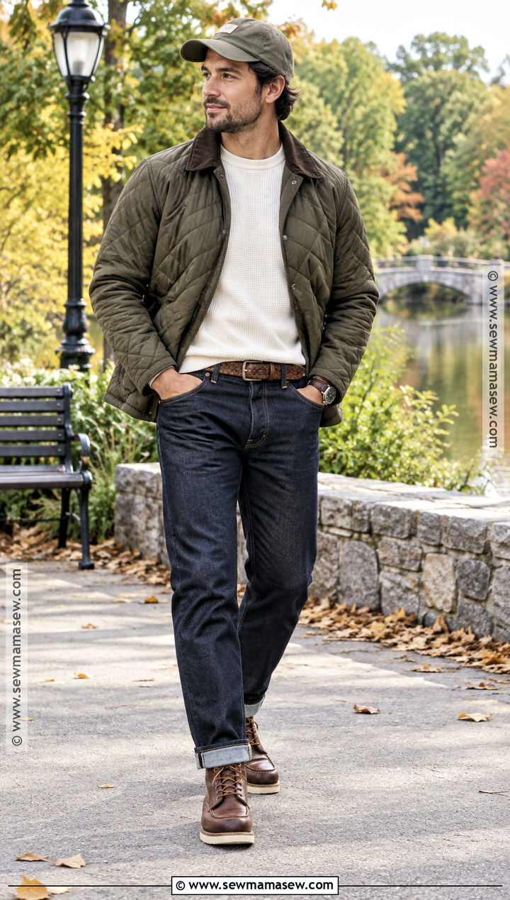 Quilted Jacket Thermal Shirt And Dark Jeans Outfit - 20 men fall outfits casual street style
