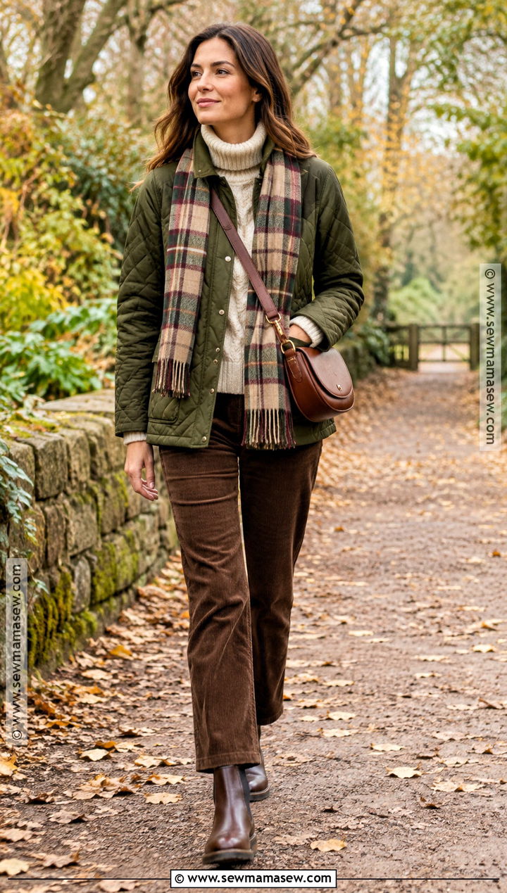 Quilted Jacket Turtleneck and Corduroy Trousers UK Autumn Outfit - 20 uk autumn outfits