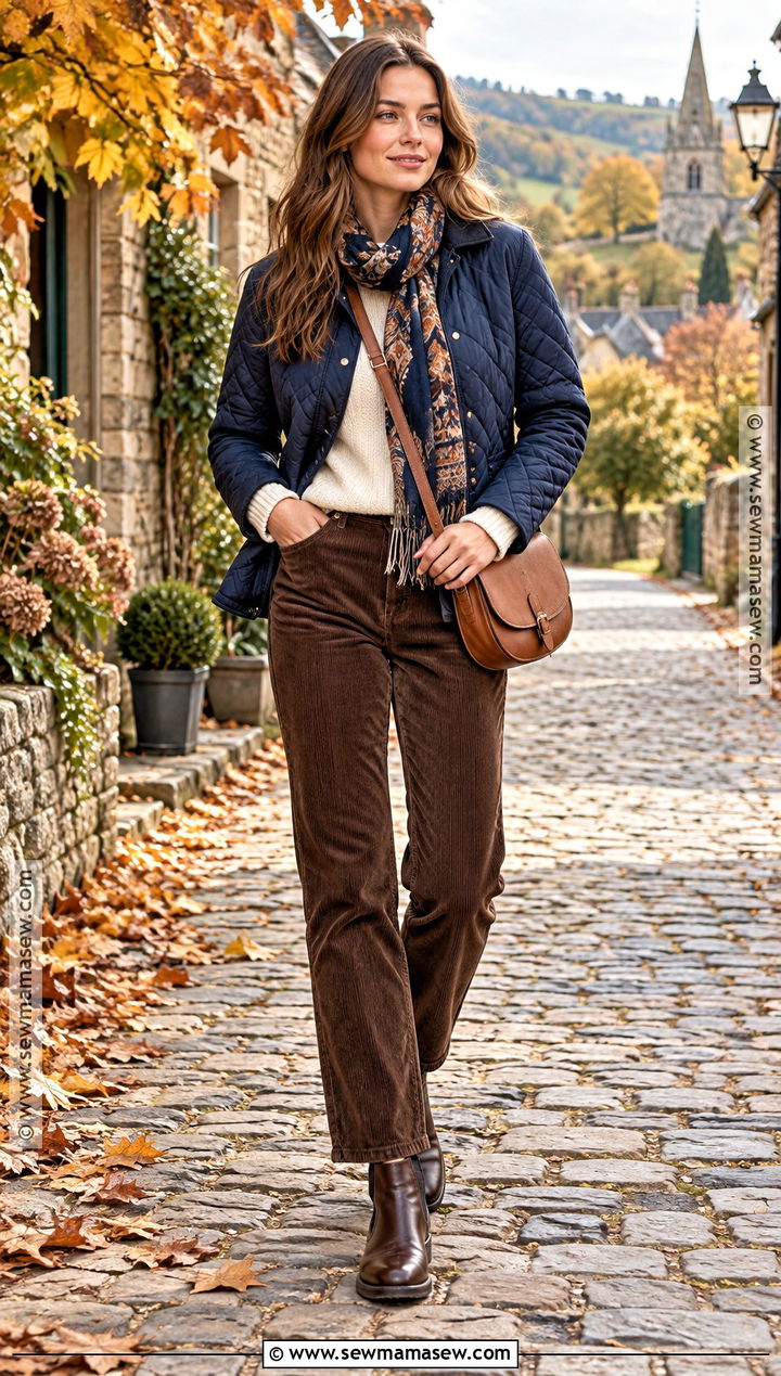Quilted Jacket With Corduroy Pants - 20 fall europe outfits travel wardrobe