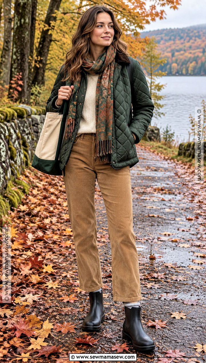Quilted Jacket With Corduroy Pants And Rain Boots - 15 Autumn Outfit With Rain Boots