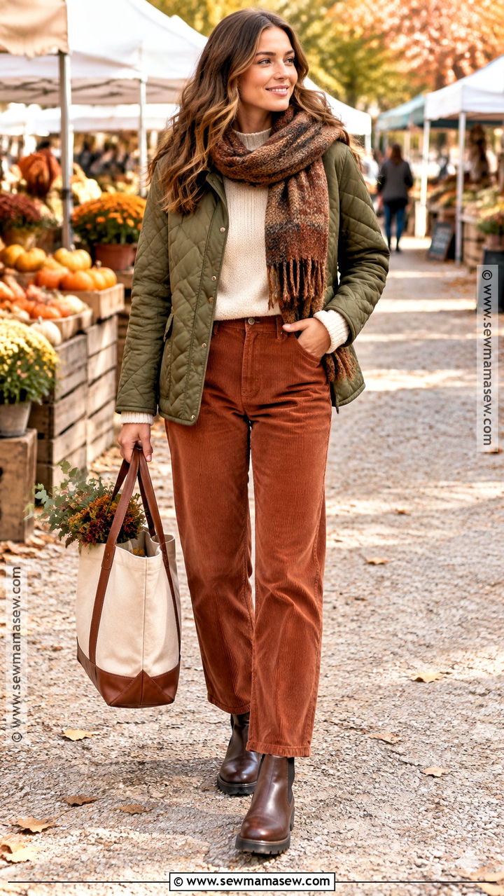 Quilted Jacket With Corduroy Pants Fall Outfit - 20 Warmer Fall Outfits