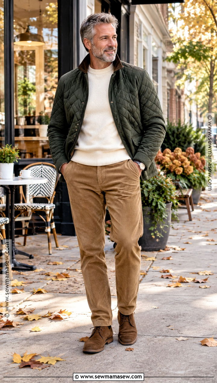 Quilted Jacket With Crewneck Sweater And Corduroy Pants - 15 mens autumn jackets