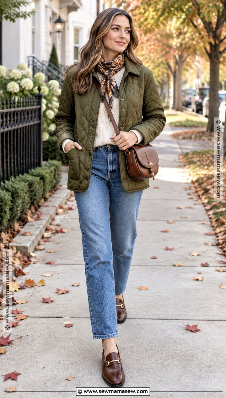 Quilted Jacket With Crewneck Sweater And Jeans - 25 fall attire ideas