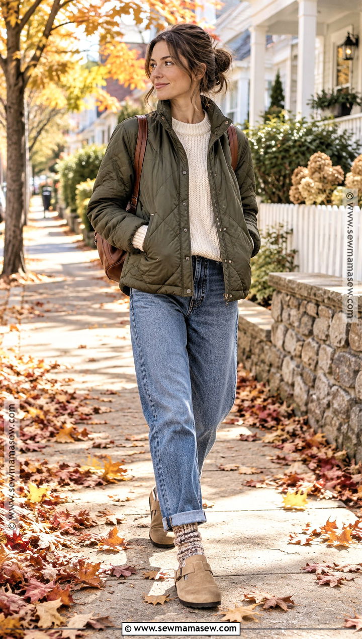 Quilted Jacket With Crewneck Sweater And Jeans - 25 comfy autumn outfits