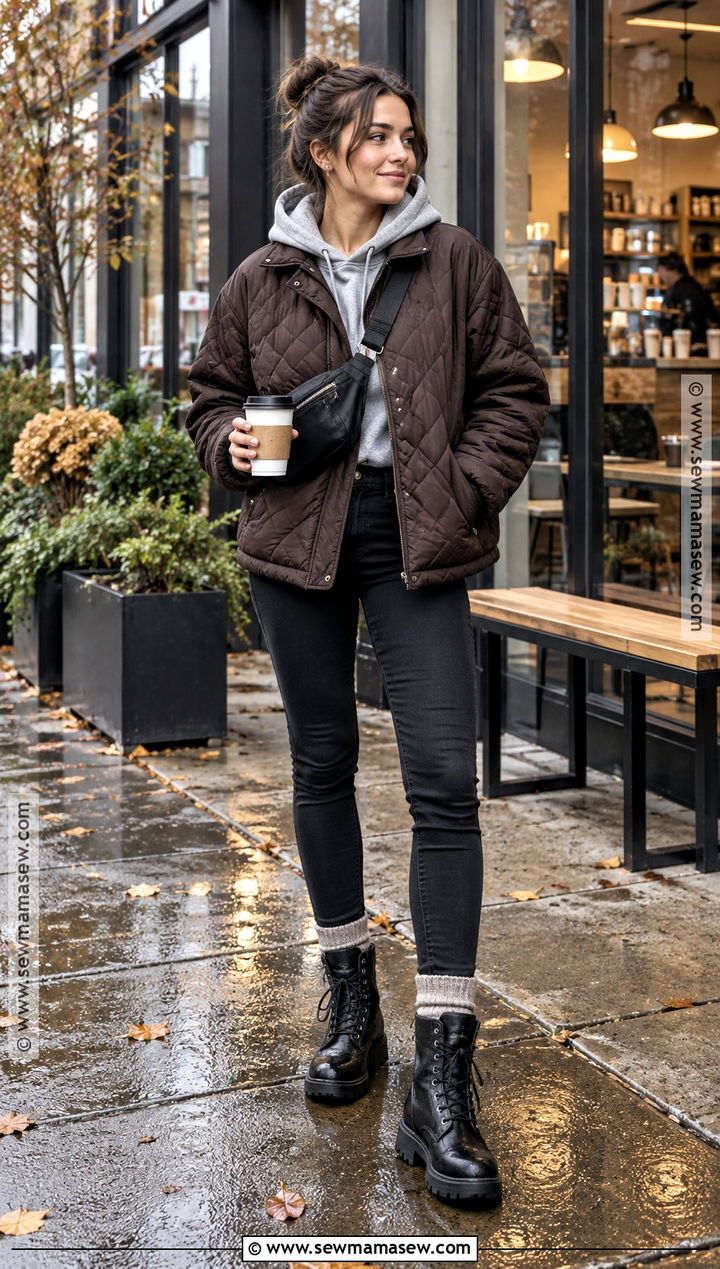 Quilted Jacket With Hoodie And Black Jeans - 15 cozy fall outfits casual rainy day