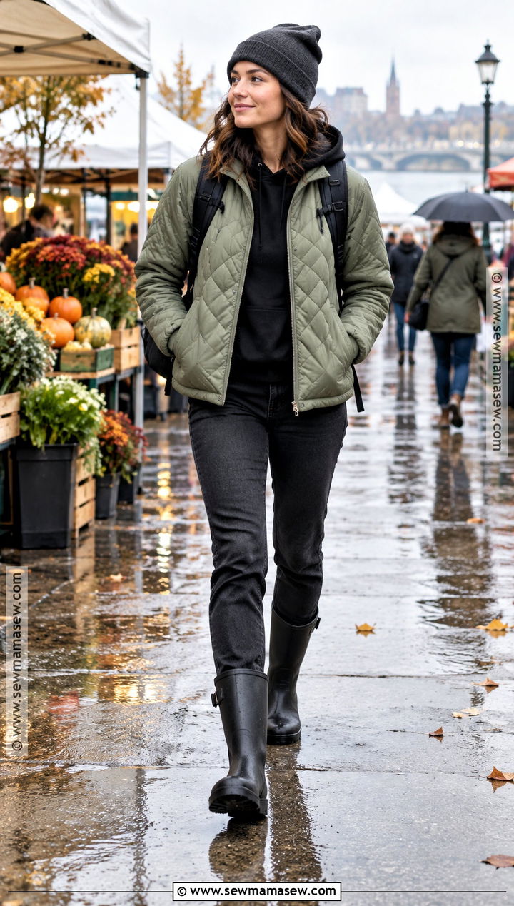 Quilted Jacket With Hoodie And Rain Boots - 15 comfy rainy day outfit fall ideas