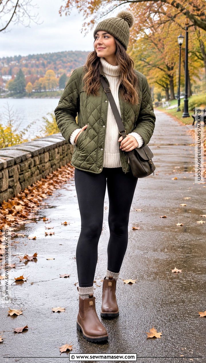 Quilted Jacket With Leggings And Rain Boots - 15 fall jacket ideas