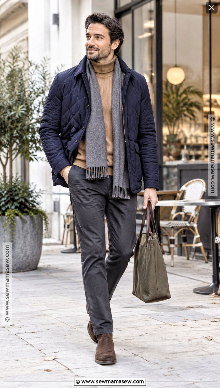 Quilted Jacket With Roll Neck Sweater And Chinos - 20 Mens Casual Fall Outfits