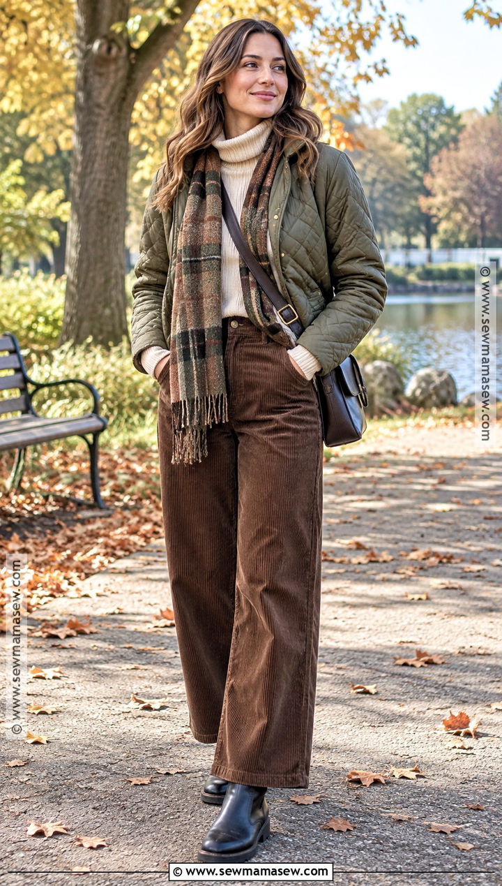 Quilted Jacket With Roll Neck and Corduroy Trousers - 15 autumn winter capsule wardrobe ideas 2026