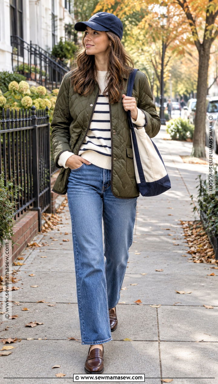 Quilted Jacket With Striped Sweater And Jeans Outfit - 25 fall and winter outfits