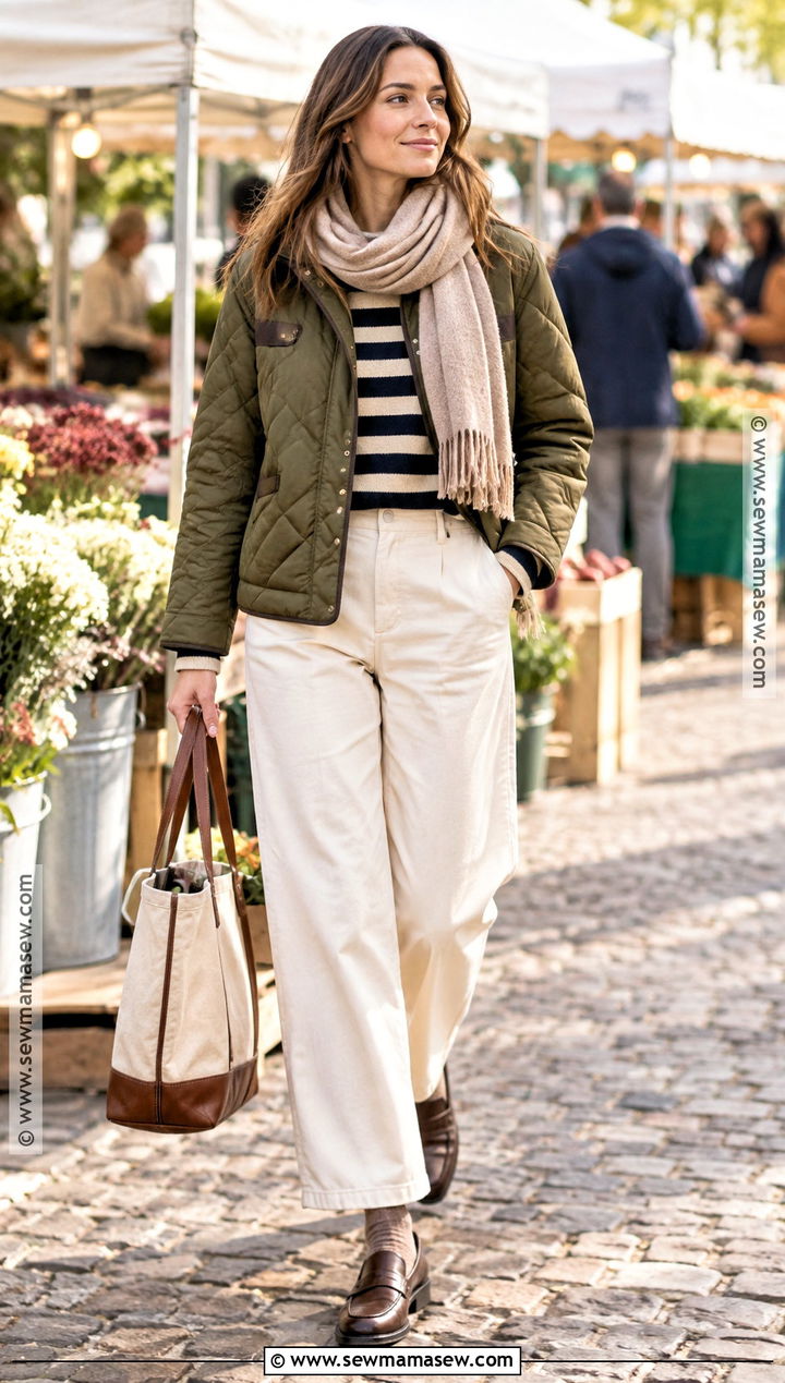 Quilted Jacket With Striped Sweater And Trousers - 20 winter and fall outfits