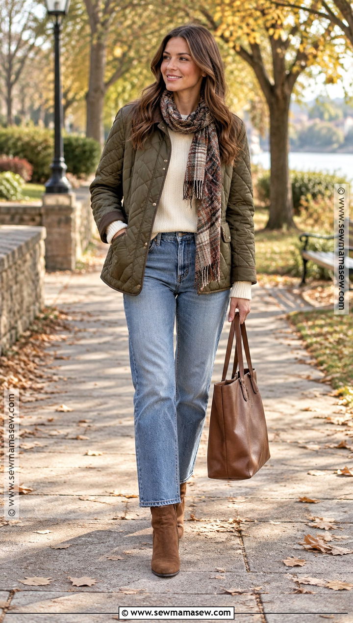 Quilted Jacket With Sweater and Jeans Fall Capsule Outfit - 25 fall winter capsule wardrobe ideas