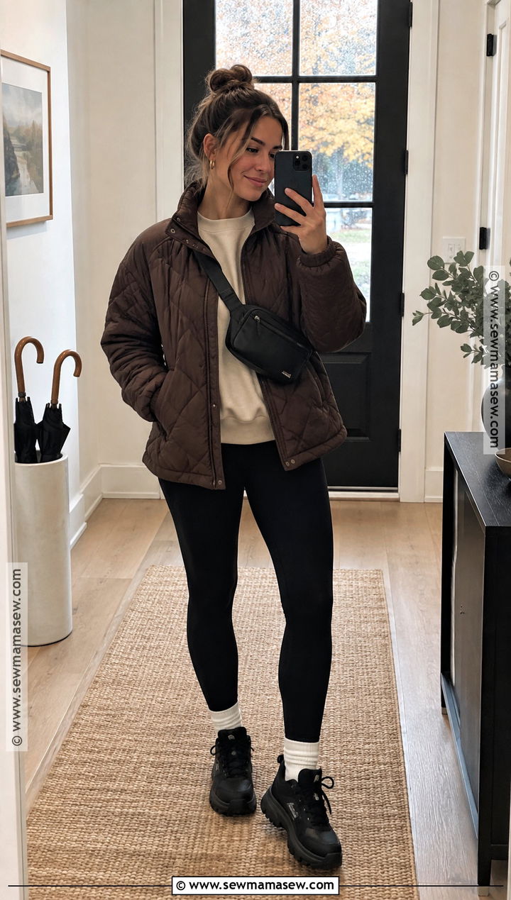 Quilted Jacket With Sweatshirt And Black Leggings - 15 fall outfits for rainy days