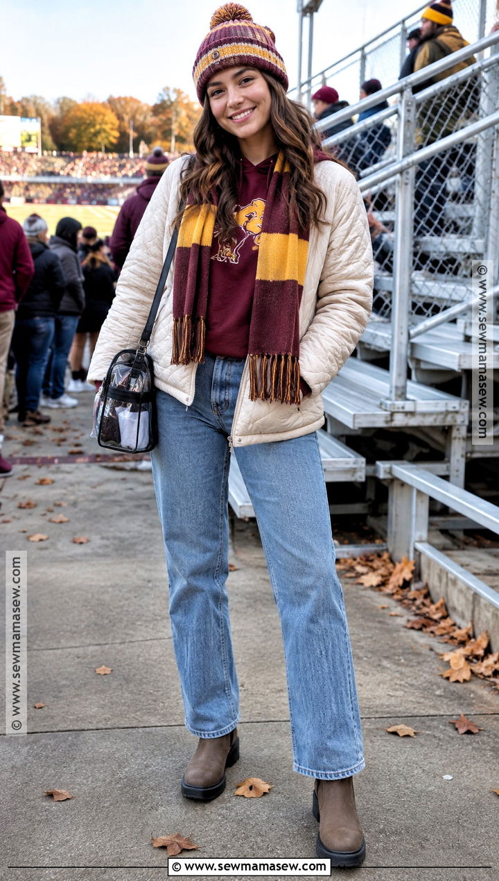 Quilted Jacket With Team Sweatshirt And Straight Jeans - 25 college football game outfit fall ideas