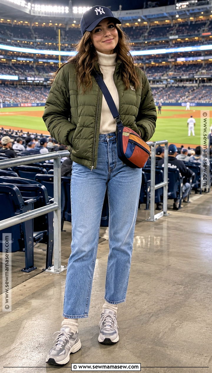 Quilted Jacket With Turtleneck And Straight Jeans - 20 baseball game outfit fall ideas