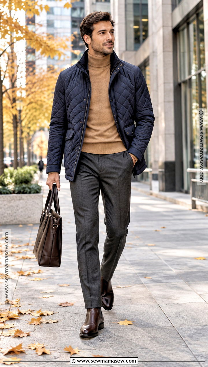Quilted Jacket With Turtleneck and Wool Trousers - 15 fall jackets outfit for men