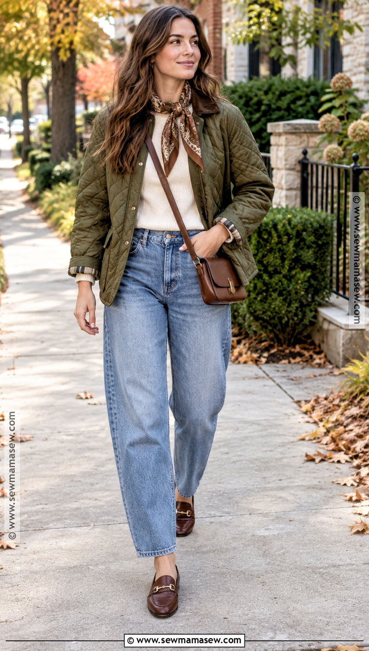Quilted Jacket and Barrel Jeans Autumn Outfit - 20 autumn transition outfits