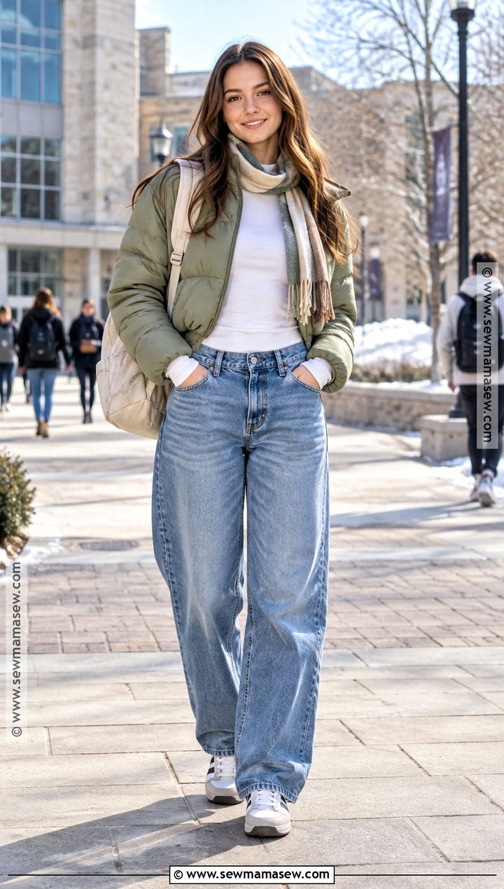 Quilted Jacket and Barrel Jeans Winter School Outfit - 20 winter back to school outfits