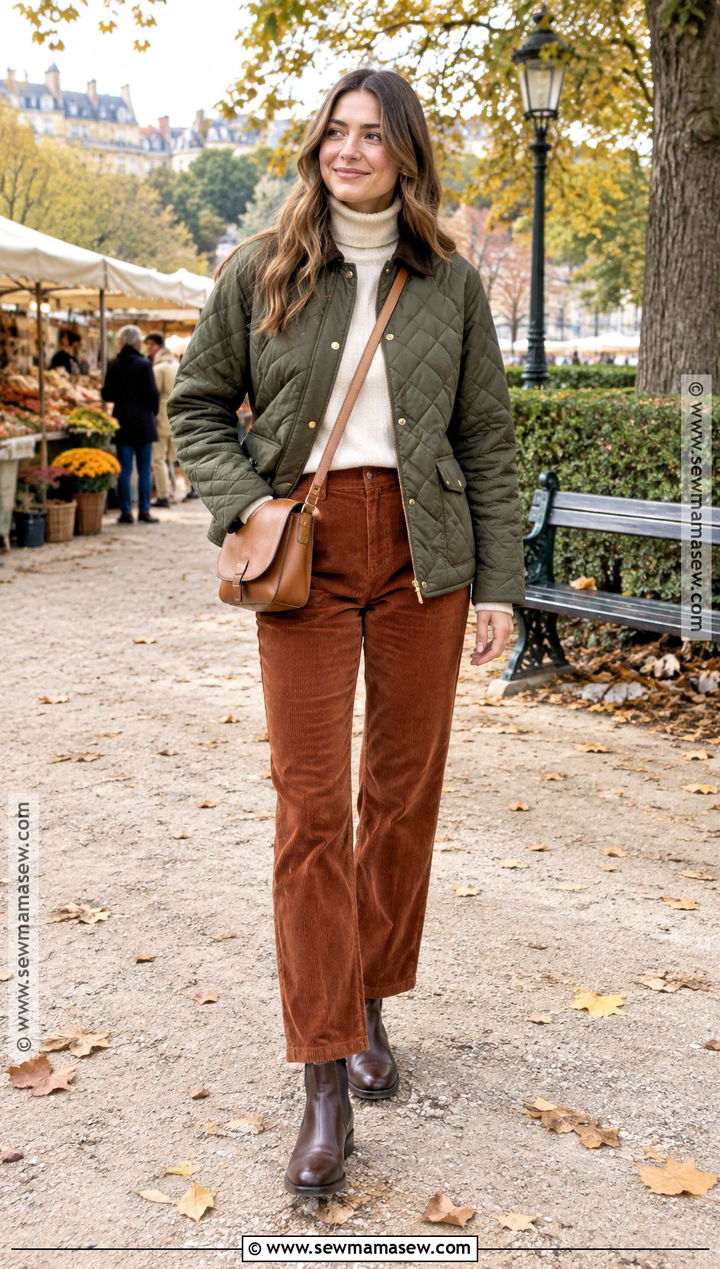 Quilted Jacket and Corduroy Pants Europe Travel Outfit - 20 europe travel outfits fall