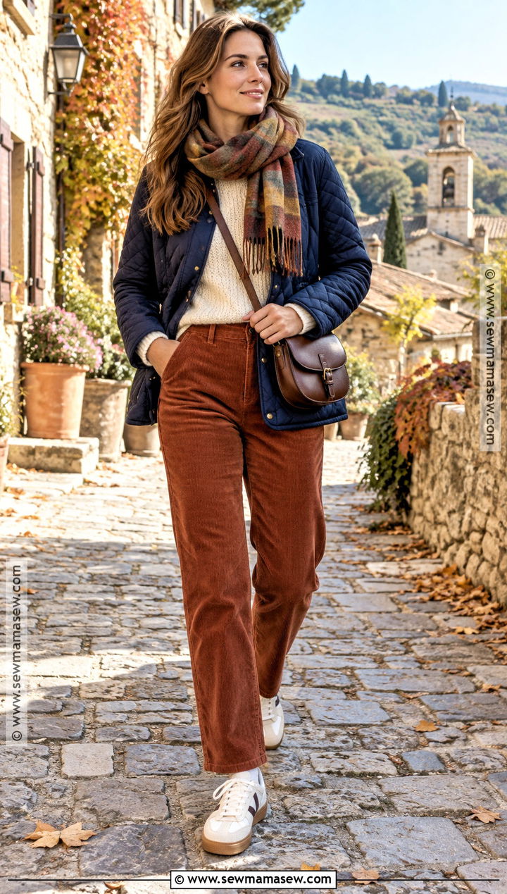 Quilted Jacket and Corduroy Pants Fall Europe Outfit - 20 Fall Europe Trip Outfits