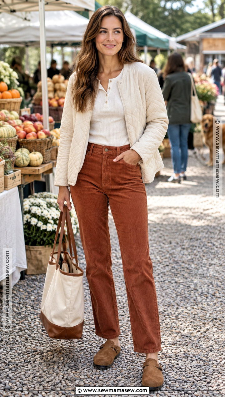 Quilted Jacket and Corduroy Pants Fall Outfit - 15 stylish fall outfits casual