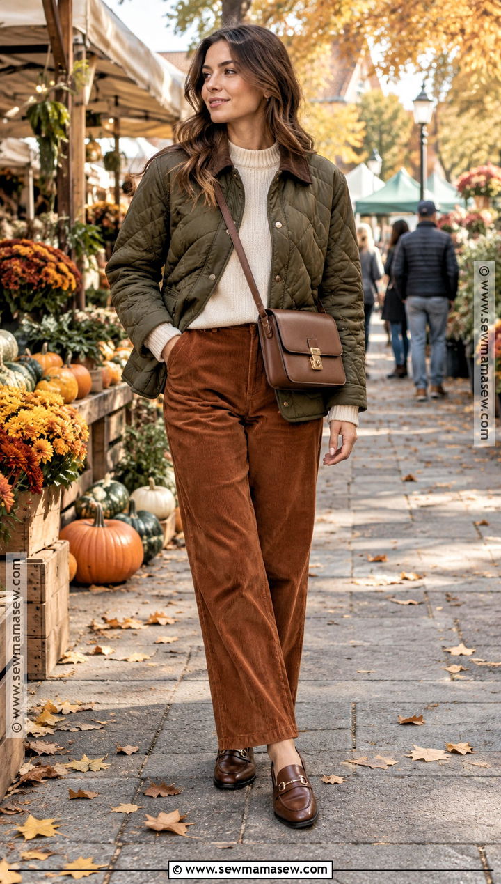 Quilted Jacket and Corduroy Pants Fall Street Outfit - 15 Fall Street Outfits for Women